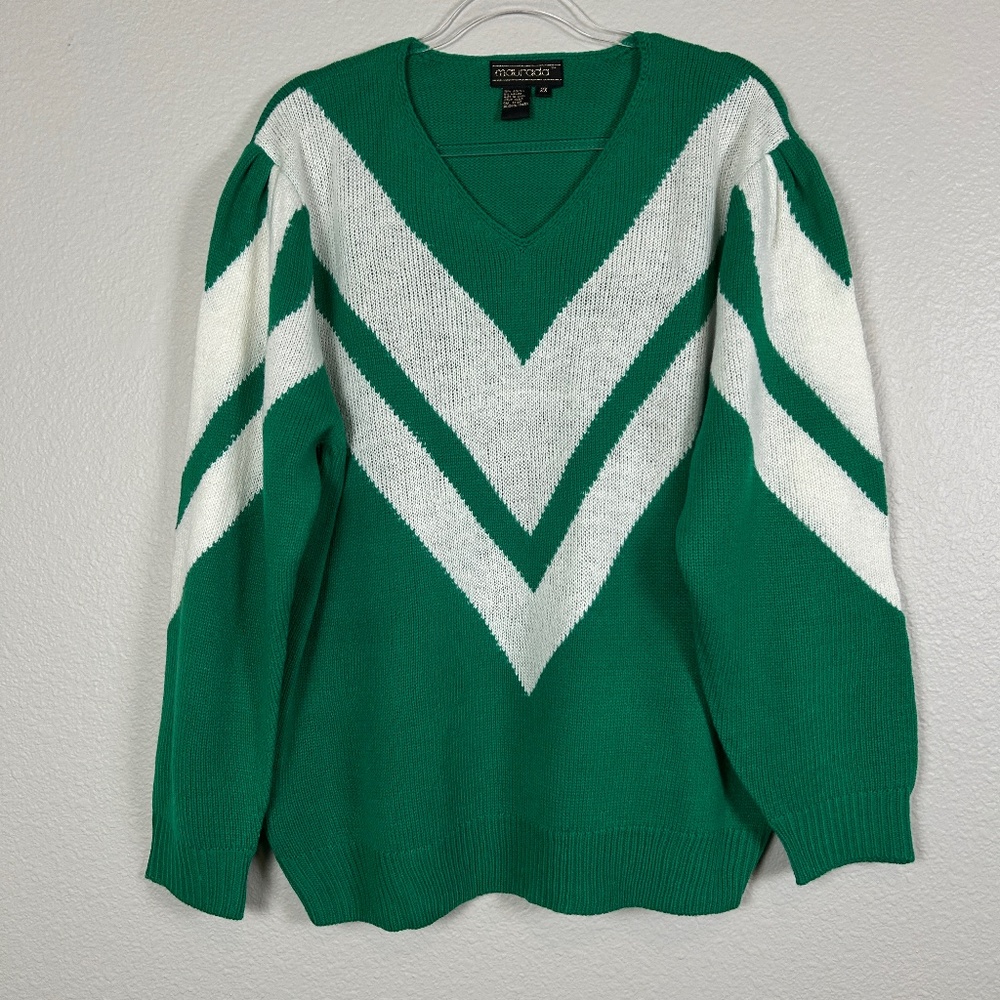 Maurada women plus size 2X knit sweater green white mohair blend chevron varsity